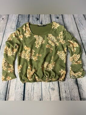 Sassafras Olive Green Floral Rouched Long Sheer Sleeves Fairycore Blouse Sz Med
